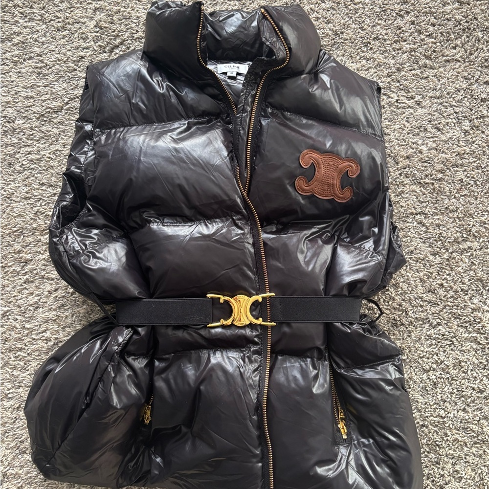 Celine Shiny Black Puffer Vest with Gold Buckle